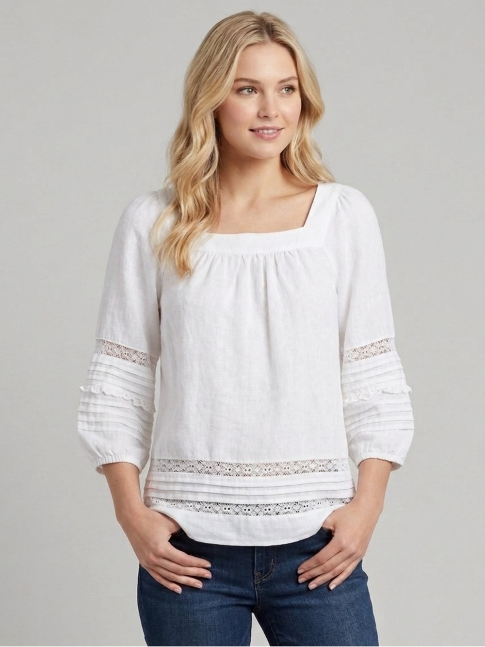 Lauren Ralph Lauren Women's White Linen Balloon Sleeve Lace Peasant Blouse Top L
